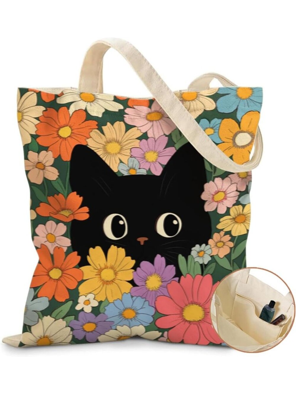 🎃Aesthetic Canvas Tote Bag with Inner Pocket Cotton Bag Black Cat-big Flowers